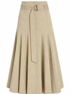 Another Tomorrow Drop-Waist Pleated Khaki Midi Skirt